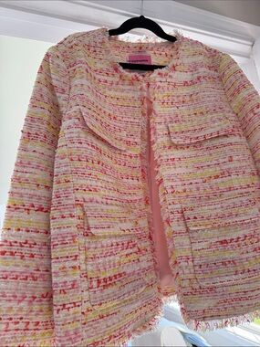 Kate Spade Women’s Tweed Fringe Jacket - Pink Multi lined.  So cute! Size 4